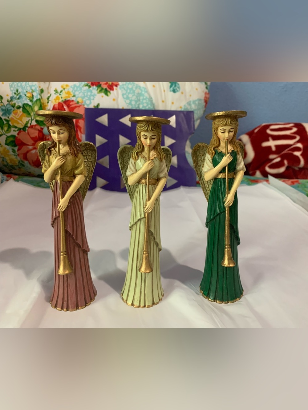 Vintage Enesco 1990s Trumpet Angels Taper Candleholders Set 3